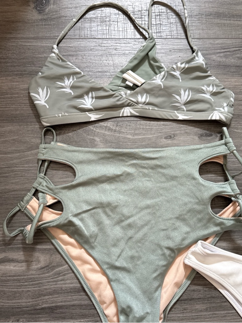 Sage Green High-Waist Bikini Set with White Leaf Print